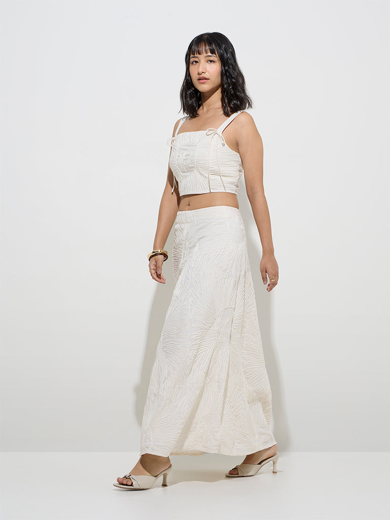 LOV Off-White Embroidered Mid-Rise Skirt