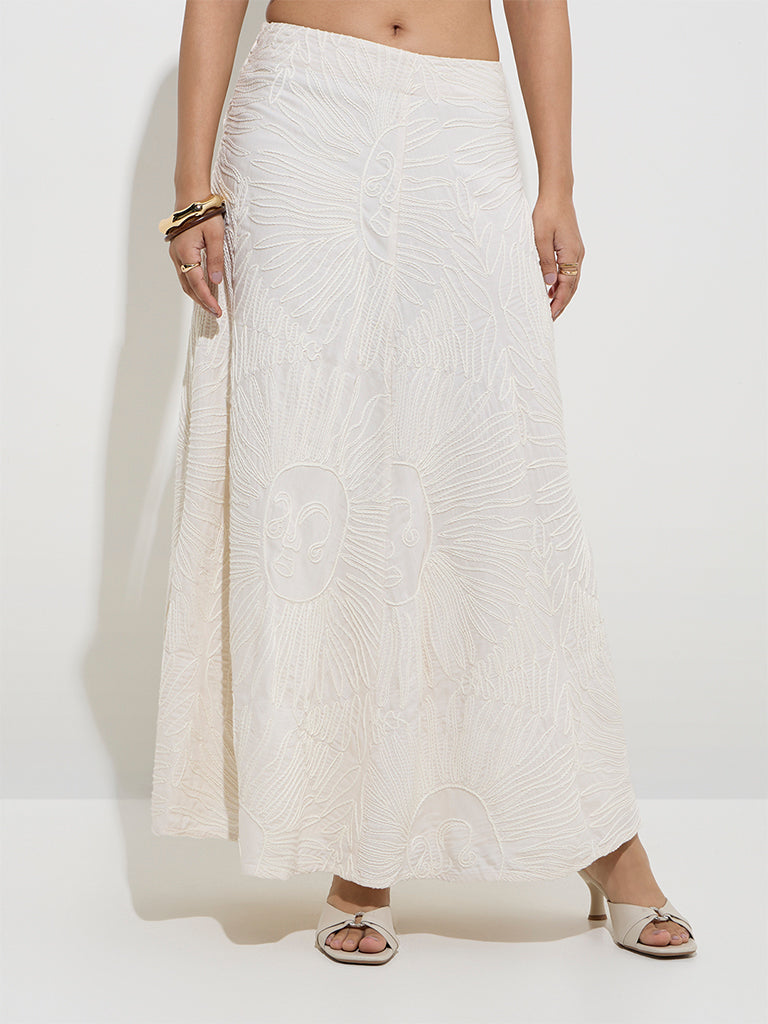 LOV Off-White Embroidered Mid-Rise Skirt