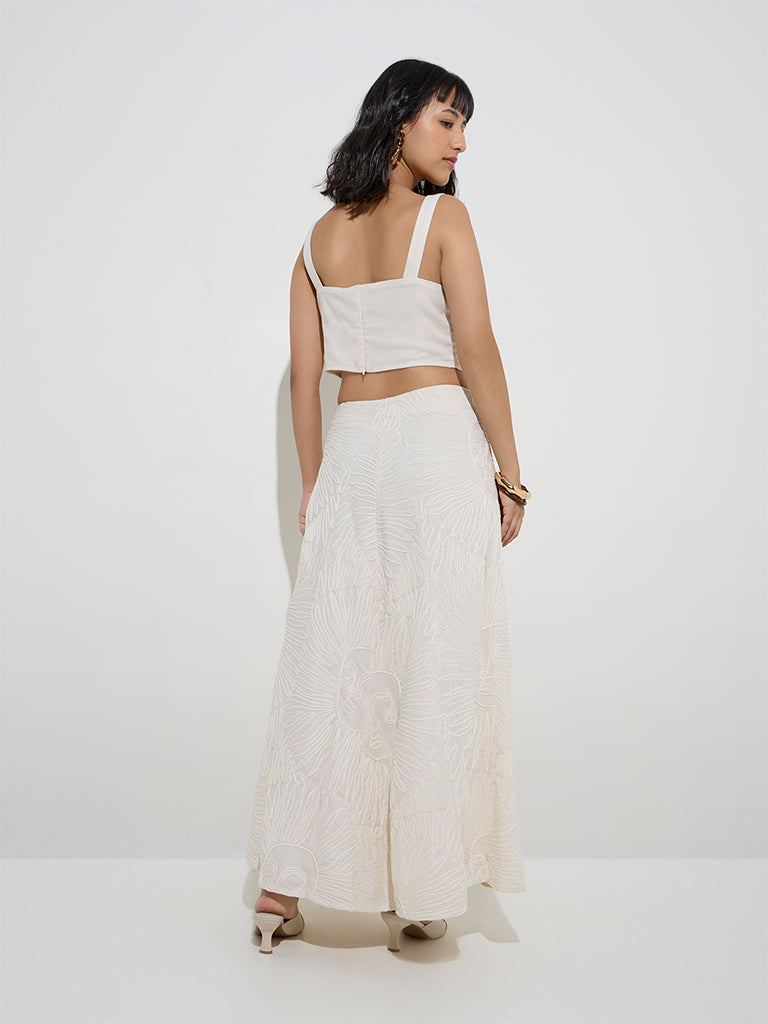 LOV Off-White Embroidered Mid-Rise Skirt