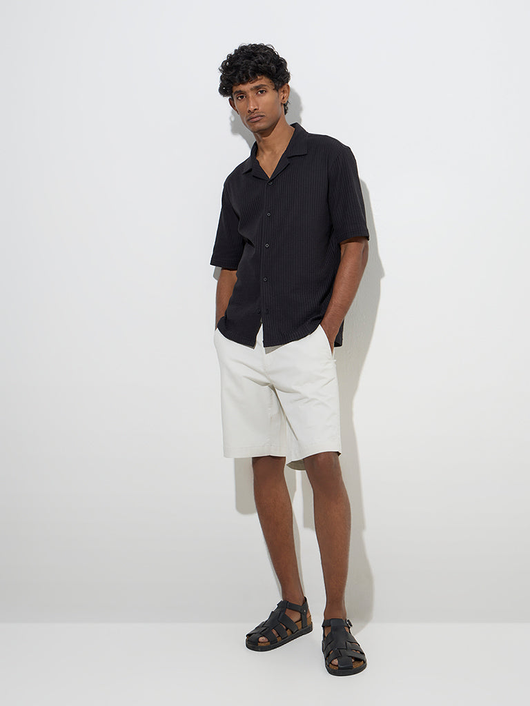 WES Casuals Black Seersucker Striped Slim-Fit Cotton Shirt