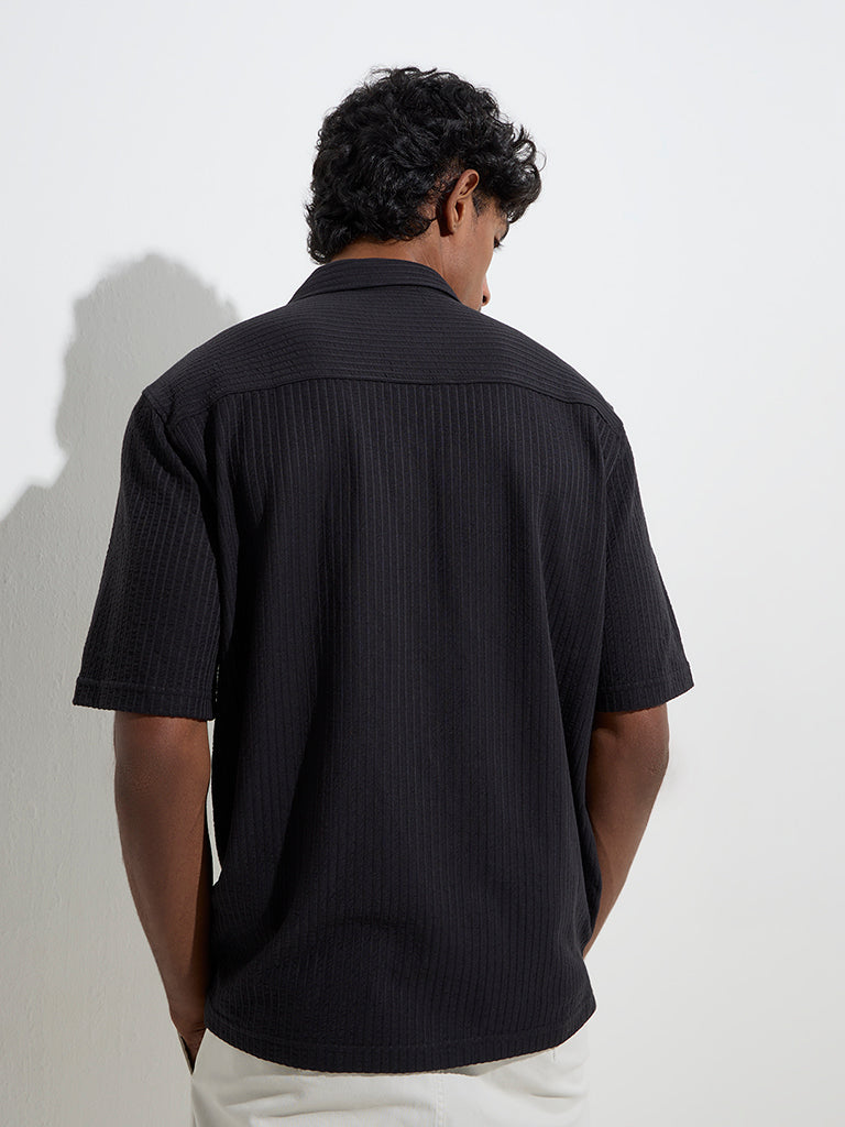 WES Casuals Black Seersucker Striped Slim-Fit Cotton Shirt
