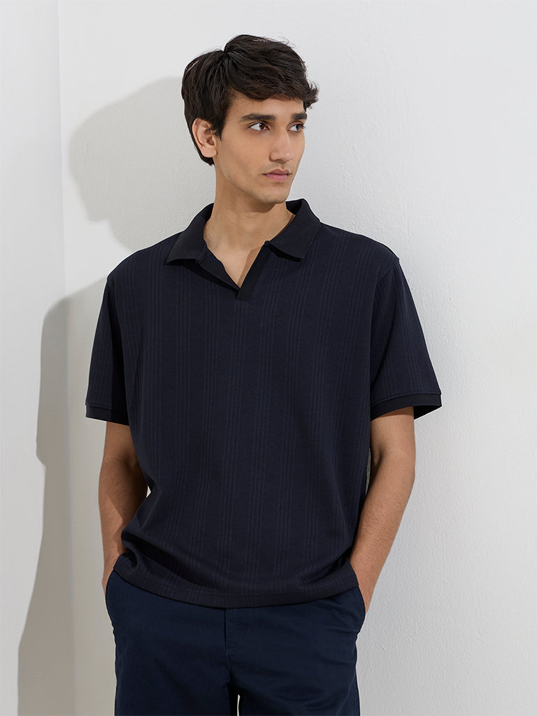 WES Casuals Navy Relaxed-Fit Cotton-Blend Polo T-Shirt