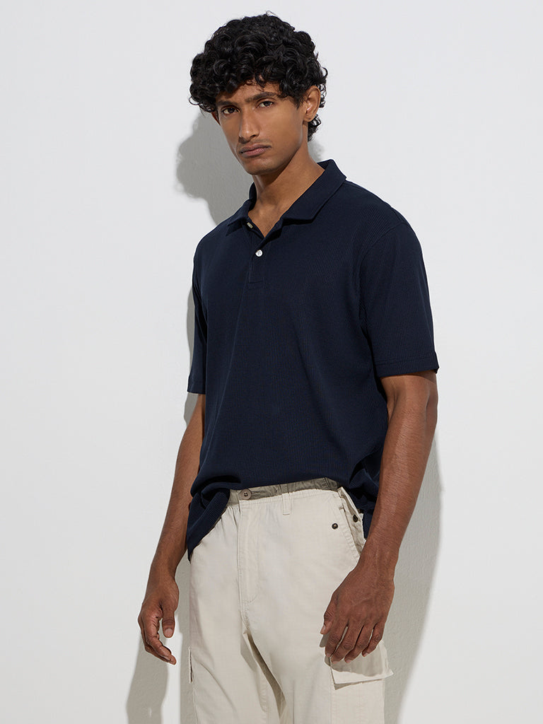 WES Casuals Navy Relaxed-Fit Cotton-Blend Polo T-Shirt