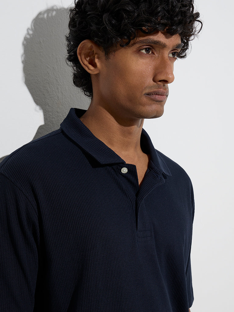 WES Casuals Navy Relaxed-Fit Cotton-Blend Polo T-Shirt