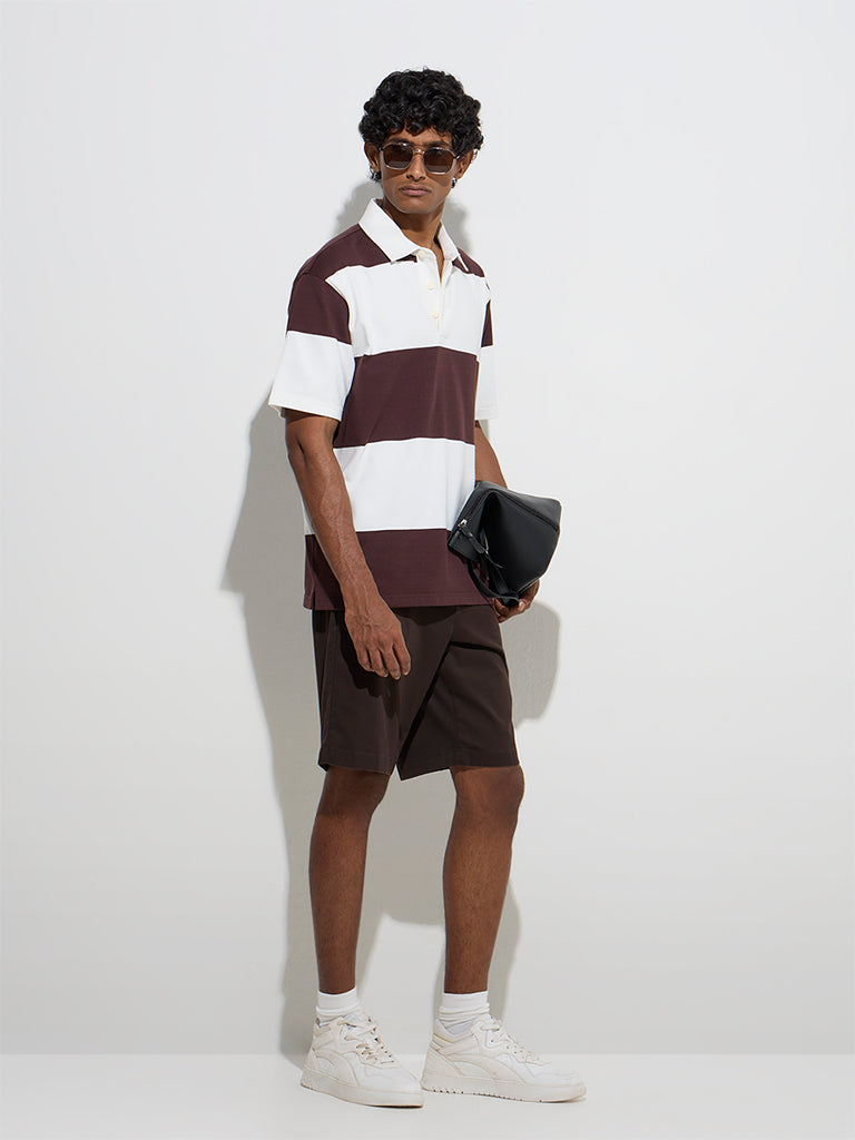 WES Casuals Brown Relaxed-Fit Cotton-Blend Polo T-Shirt