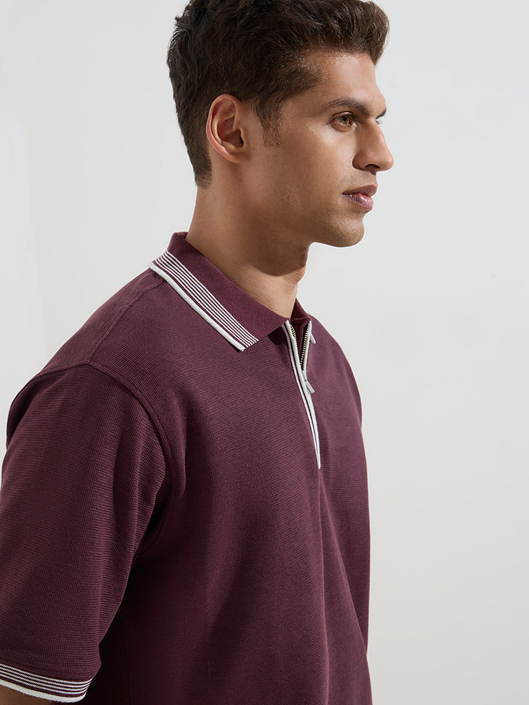 WES Casuals Wine Quarter Zip Polo T-Shirt