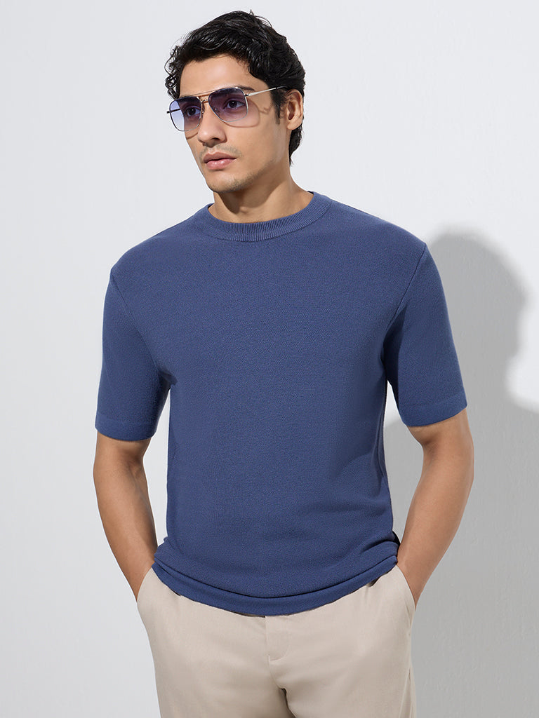 westisde WES Formals Men's Indigo Solid Slim-Fit T-Shirt for Work Wear Front View