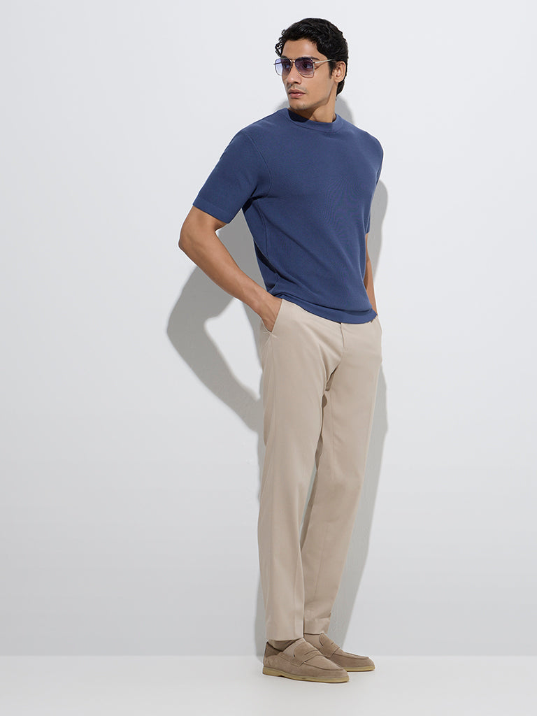 westisde WES Formals Men's Indigo Solid Slim-Fit T-Shirt for Work Wear Full Model View