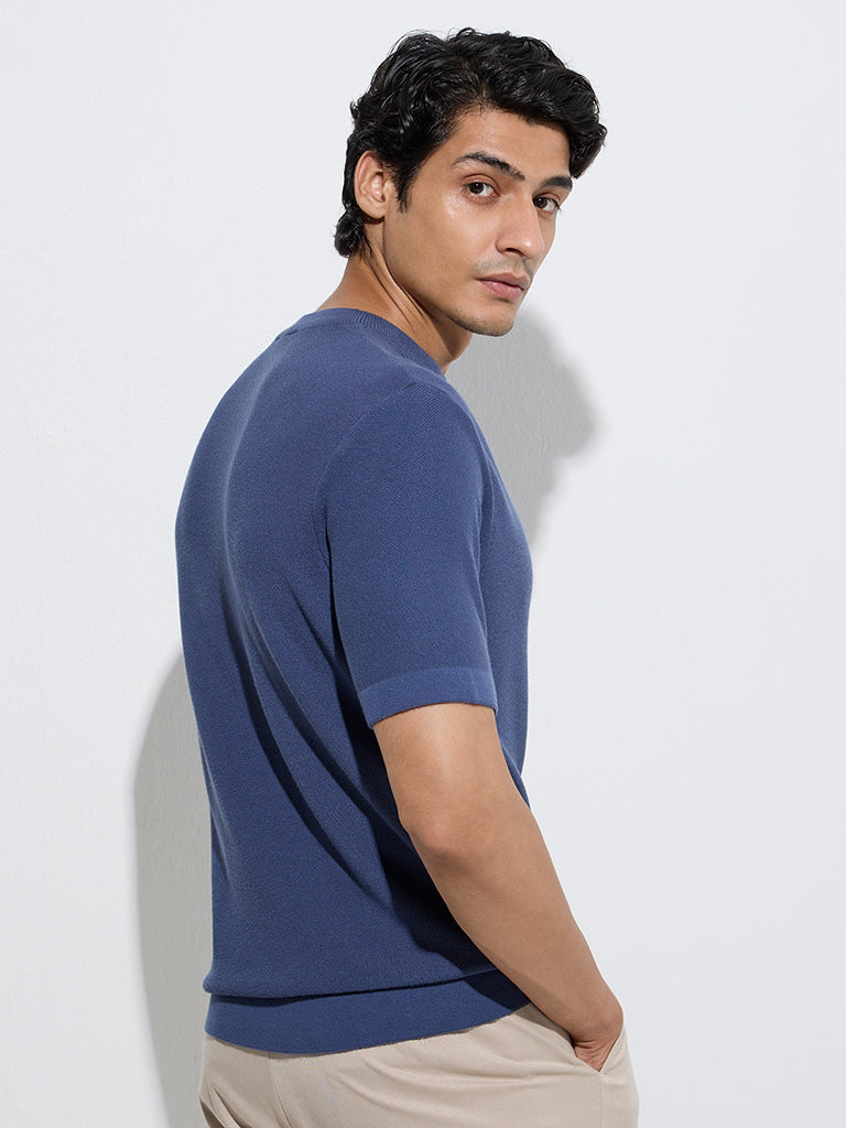 westisde WES Formals Men's Indigo Solid Slim-Fit T-Shirt for Work Wear Back View