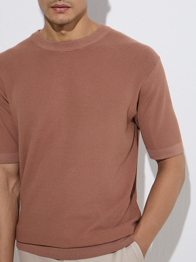 westisde WES Formals Men's Brown Solid Slim-Fit T-Shirt for Work Wear Zoom View