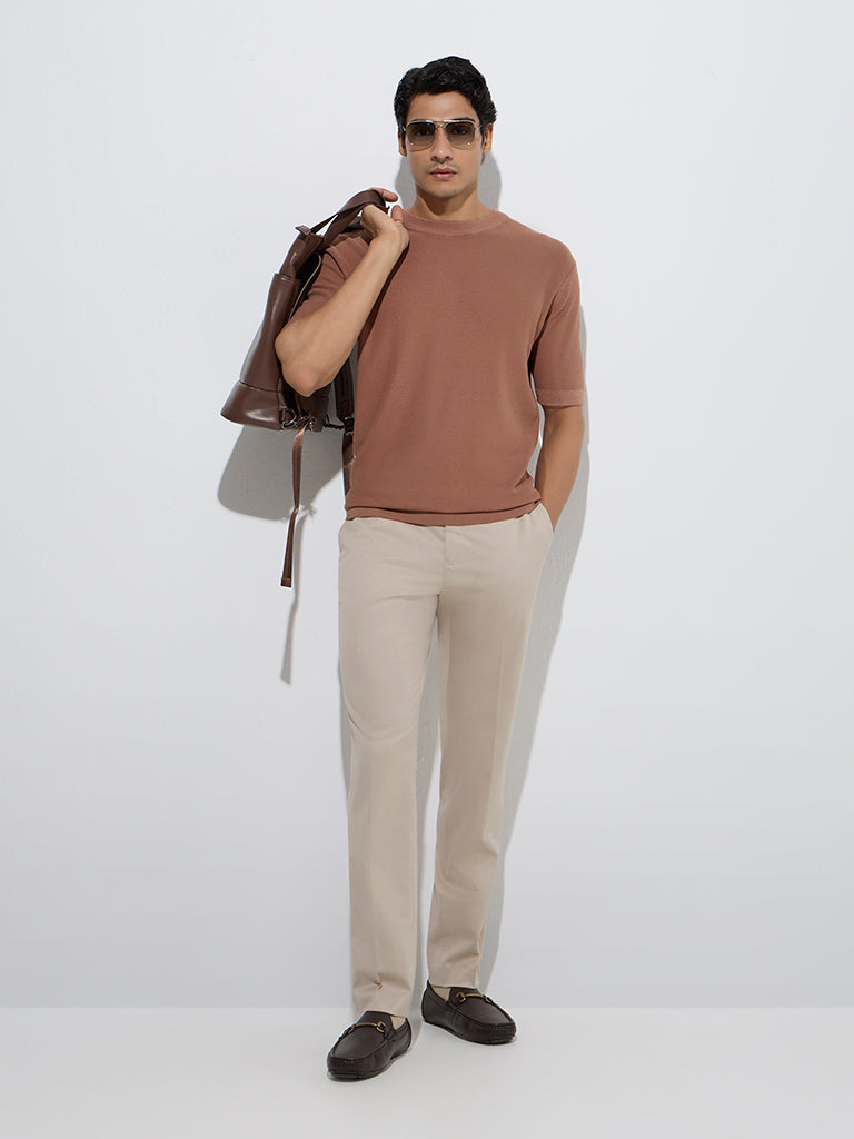 westisde WES Formals Men's Brown Solid Slim-Fit T-Shirt for Work Wear Full Model View