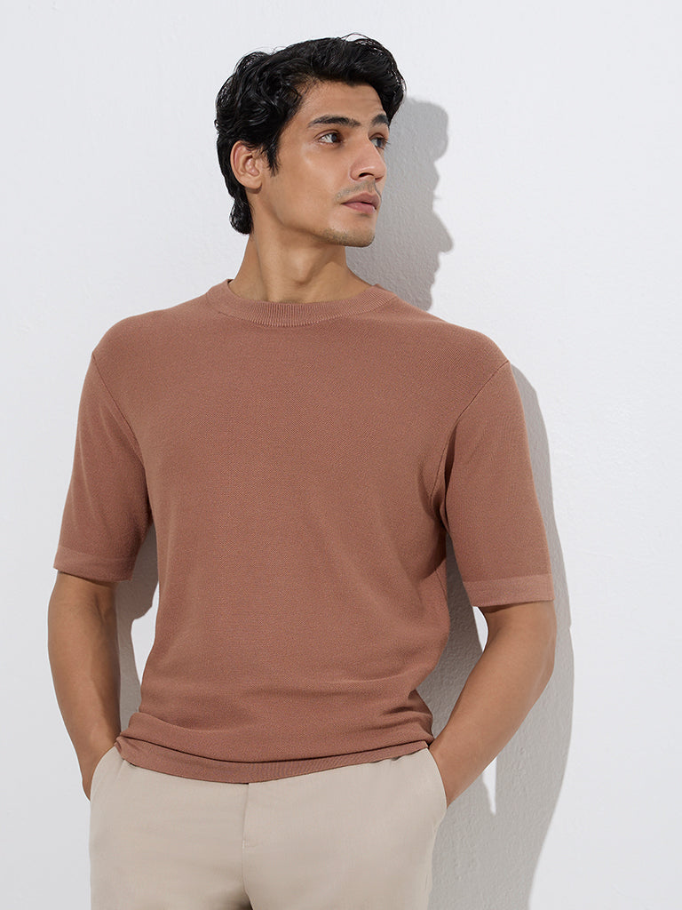 westisde WES Formals Men's Brown Solid Slim-Fit T-Shirt for Work Wear Front View