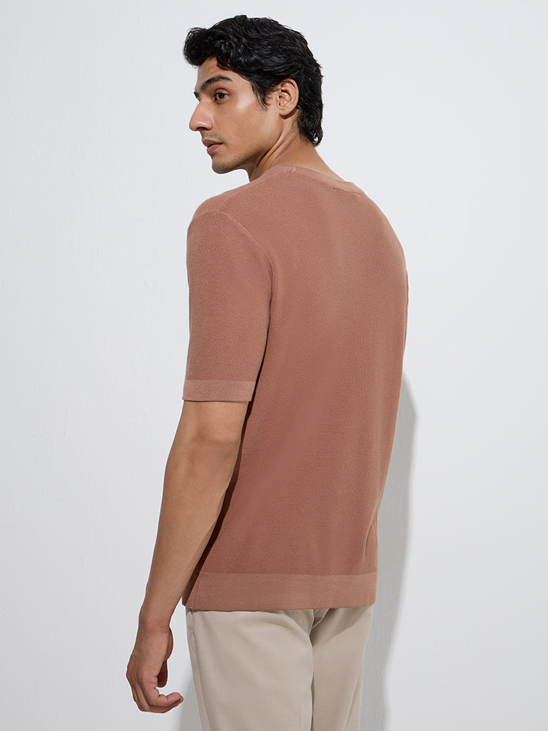 westisde WES Formals Men's Brown Solid Slim-Fit T-Shirt for Work Wear Back View