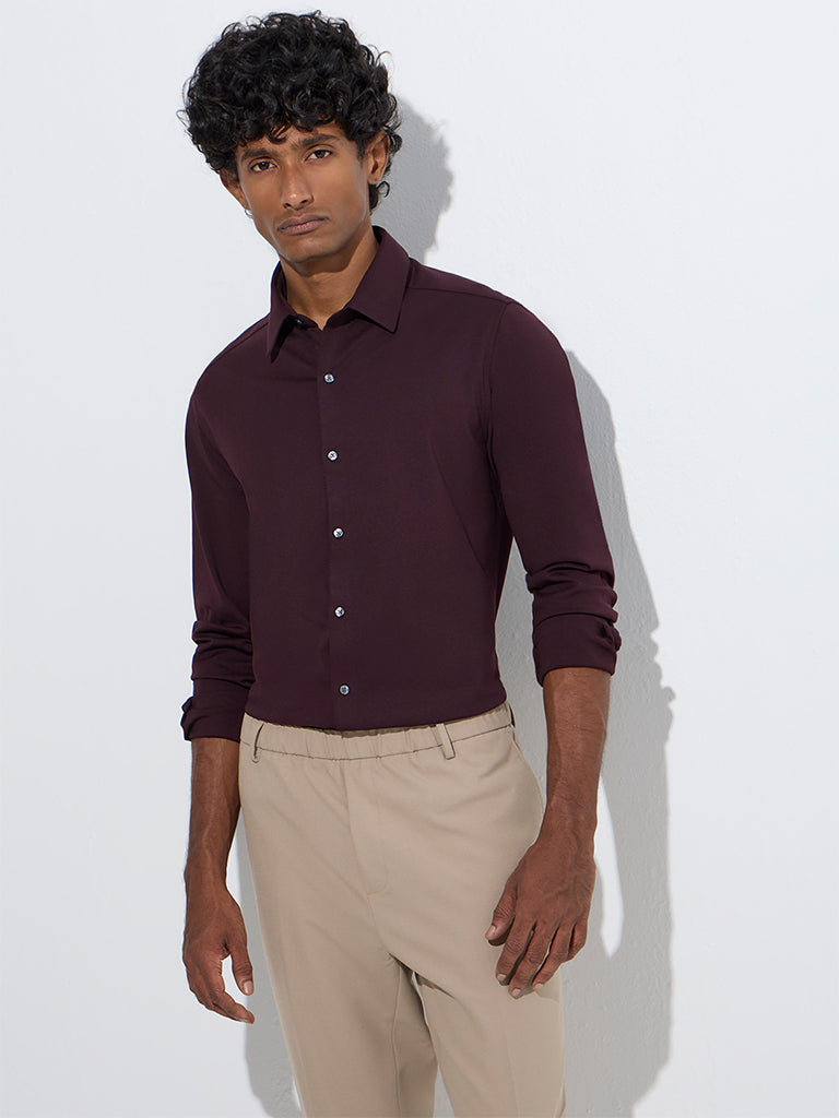WES Formals Wine Slim-Fit Cotton-Blend Shirt
