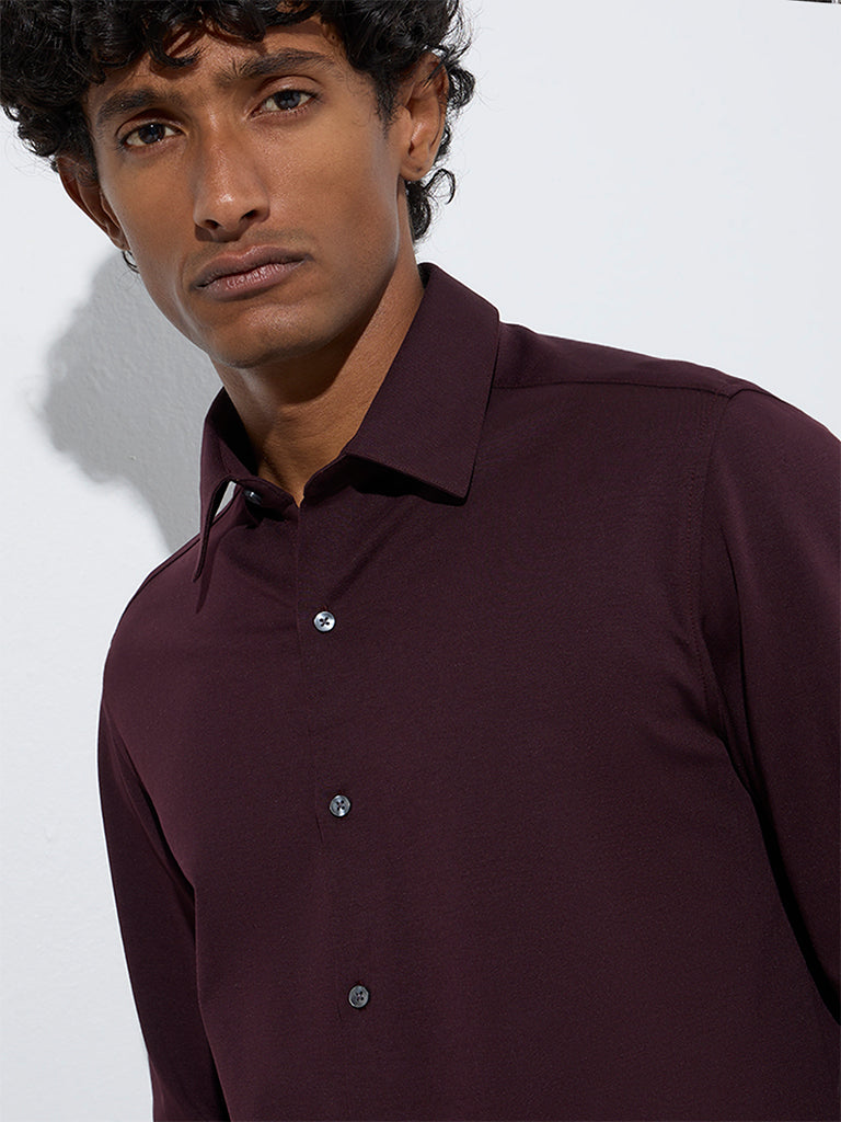 WES Formals Wine Slim-Fit Cotton-Blend Shirt