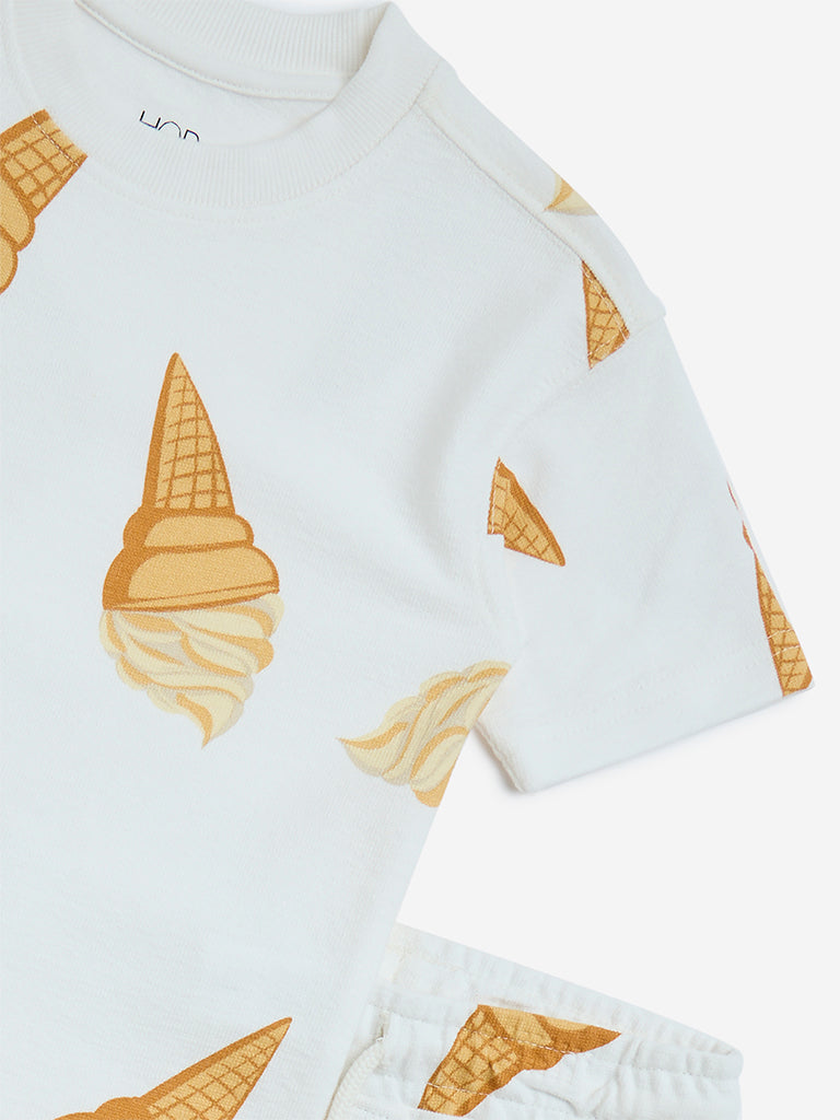 HOP Kids White Ice-Cream Design Cotton T-Shirt with Shorts Set