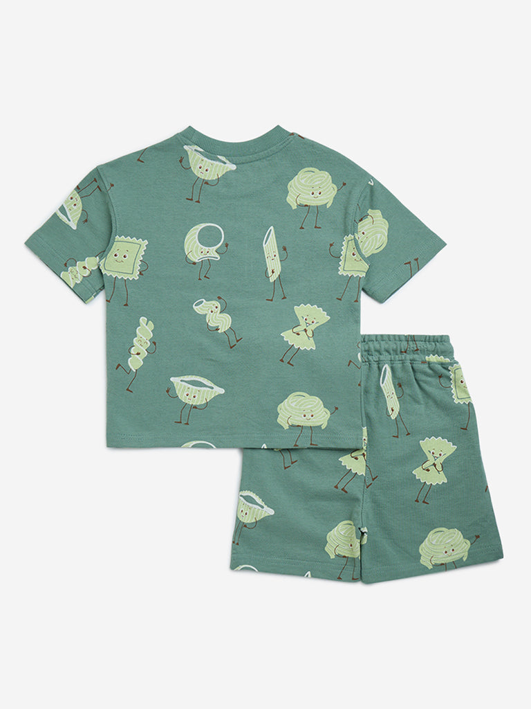 HOP Kids Dark Green Pasta-Themed Cotton T-Shirt with Shorts Set