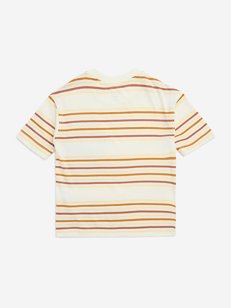 HOP Kids Beige Stripe Printed Cotton T-Shirt