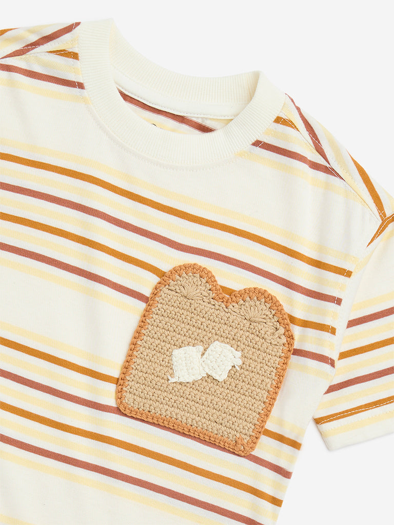 HOP Kids Beige Stripe Printed Cotton T-Shirt