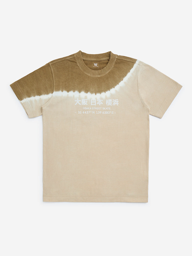 westisde Y&F Boys' Kids Brown Tie-Dye Detailed Cotton T-Shirt for Casual Wear Front View