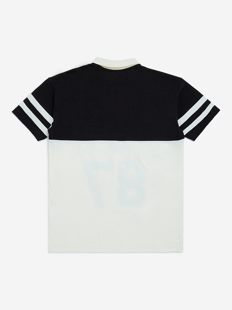 Y&F Kids Off-White Colour-Blocked Cotton Polo T-Shirt