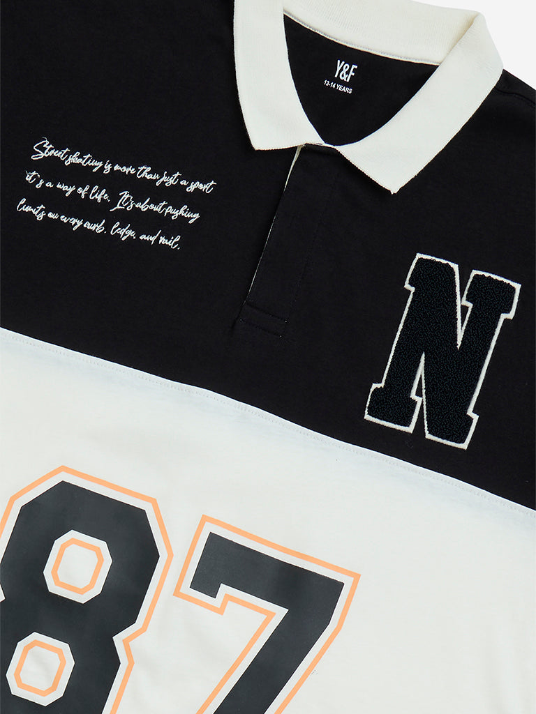 Y&F Kids Off-White Colour-Blocked Cotton Polo T-Shirt
