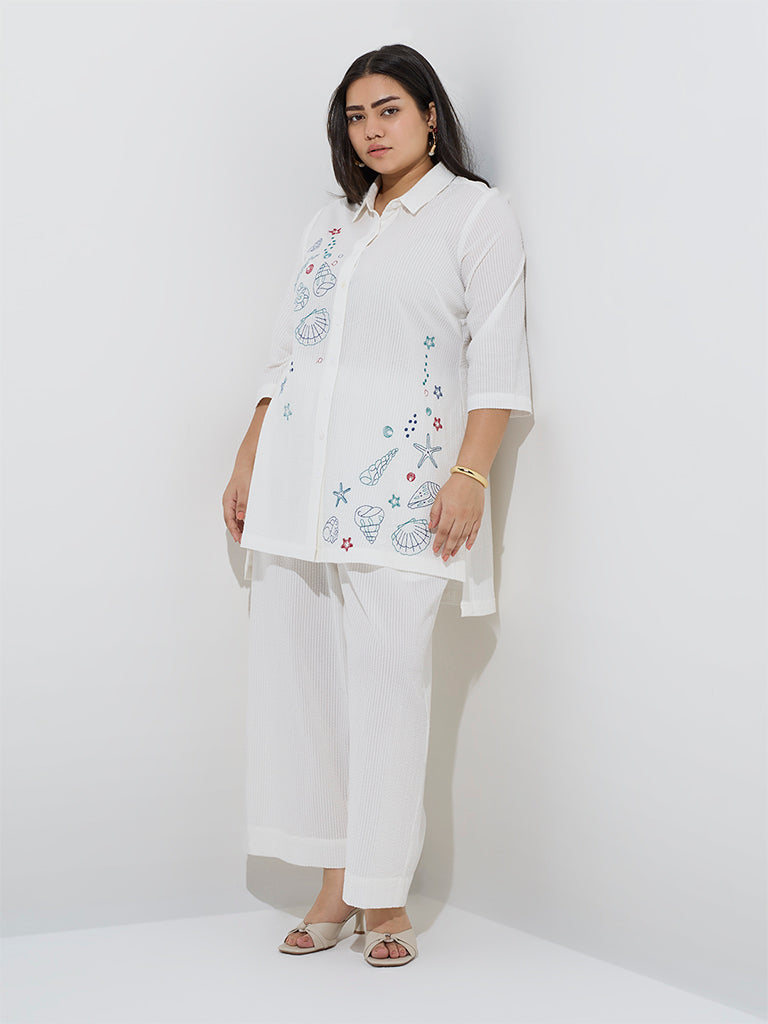 westisde Diza Women's White Sealife-Inspired High-Low Cotton Tunic for Work Wear Full Model View