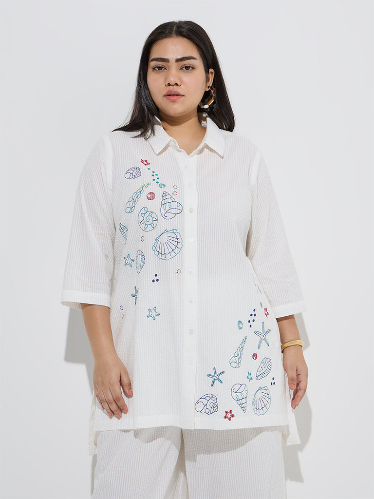 westisde Diza Women's White Sealife-Inspired High-Low Cotton Tunic for Work Wear Front View