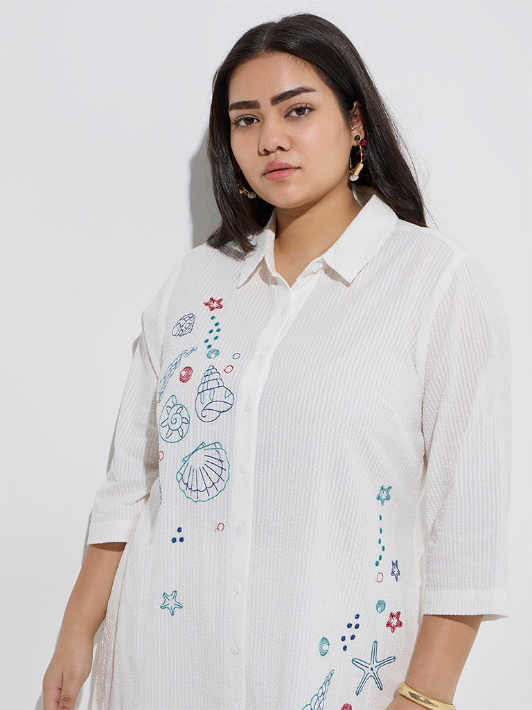 westisde Diza Women's White Sealife-Inspired High-Low Cotton Tunic for Work Wear Zoom View