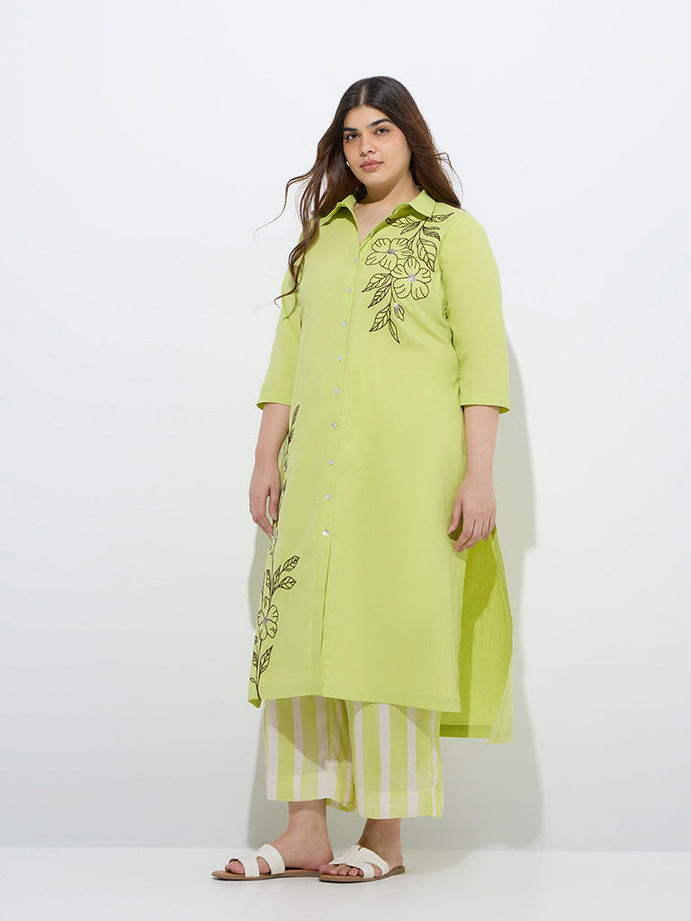 westisde Diza Women's Lime Botanical Design A-Line Cotton Kurta for Work Wear Full Model View