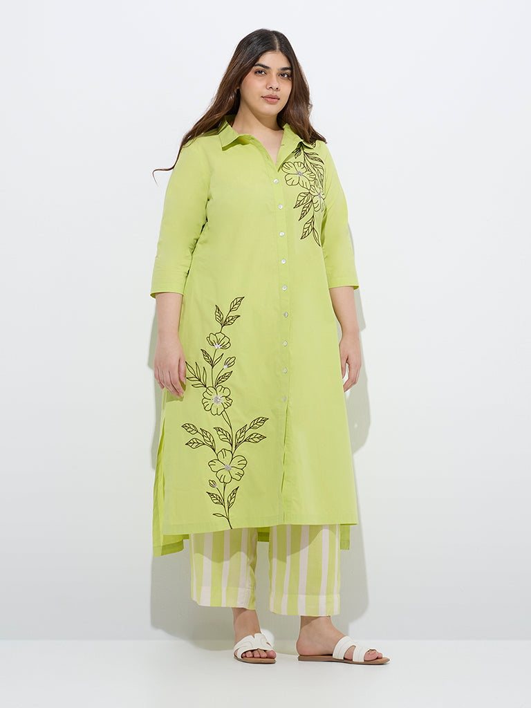 westisde Diza Women's Lime Botanical Design A-Line Cotton Kurta for Work Wear Front View