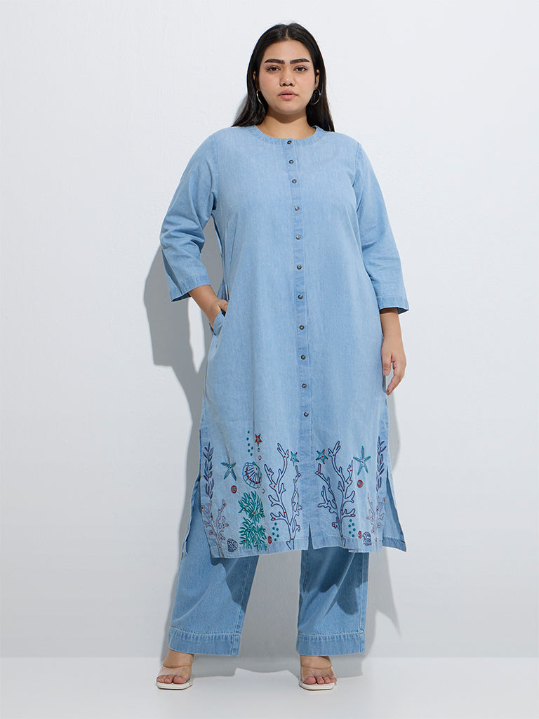 westisde Diza Women's Light Blue Embroidered Cotton-Blend A-Line Kurta for Work Wear Front View