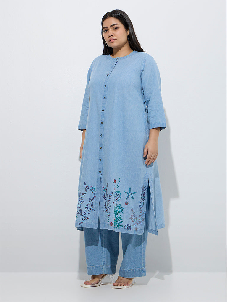 westisde Diza Women's Light Blue Embroidered Cotton-Blend A-Line Kurta for Work Wear Full Model View