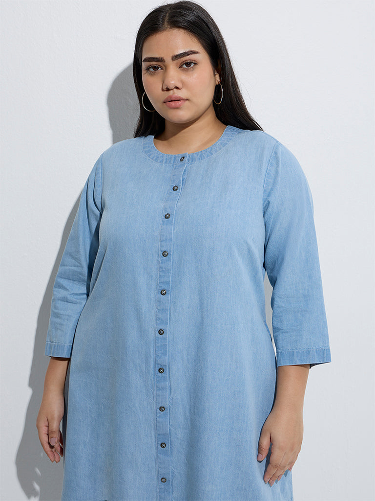 westisde Diza Women's Light Blue Embroidered Cotton-Blend A-Line Kurta for Work Wear Front View
