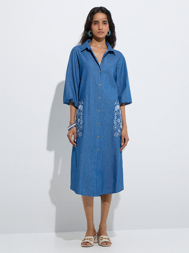 westisde Utsa Women's Blue Floral Embroidered Denim Shirt Dress for Work Wear Full Model View