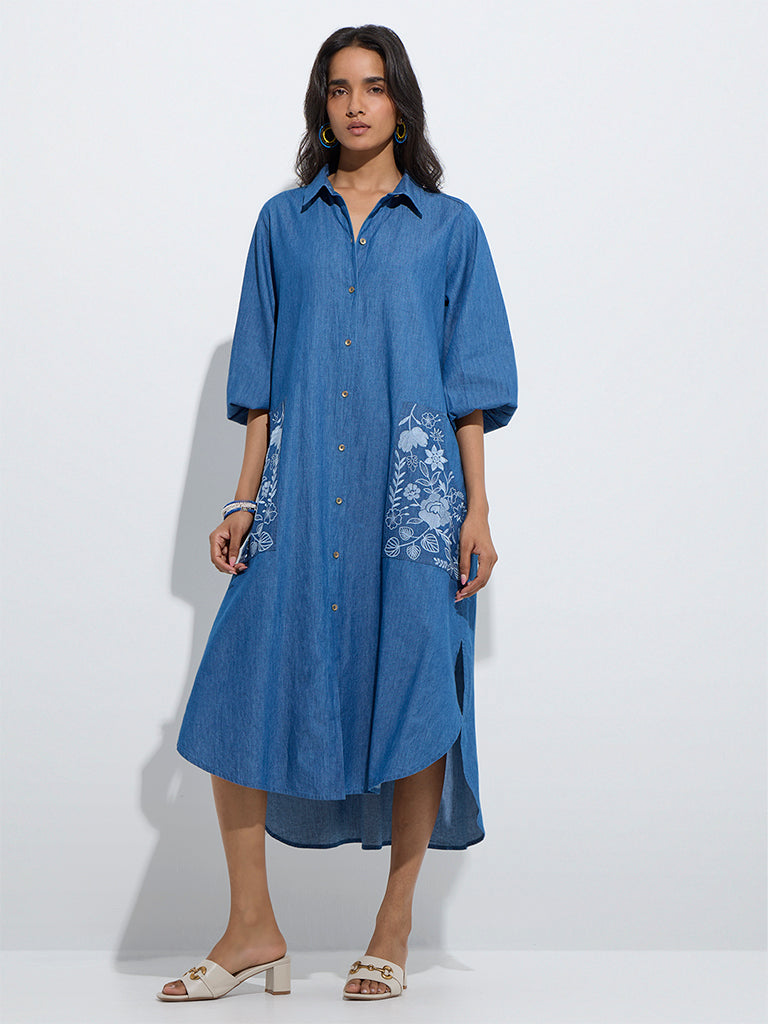 westisde Utsa Women's Blue Floral Embroidered Denim Shirt Dress for Work Wear Front View