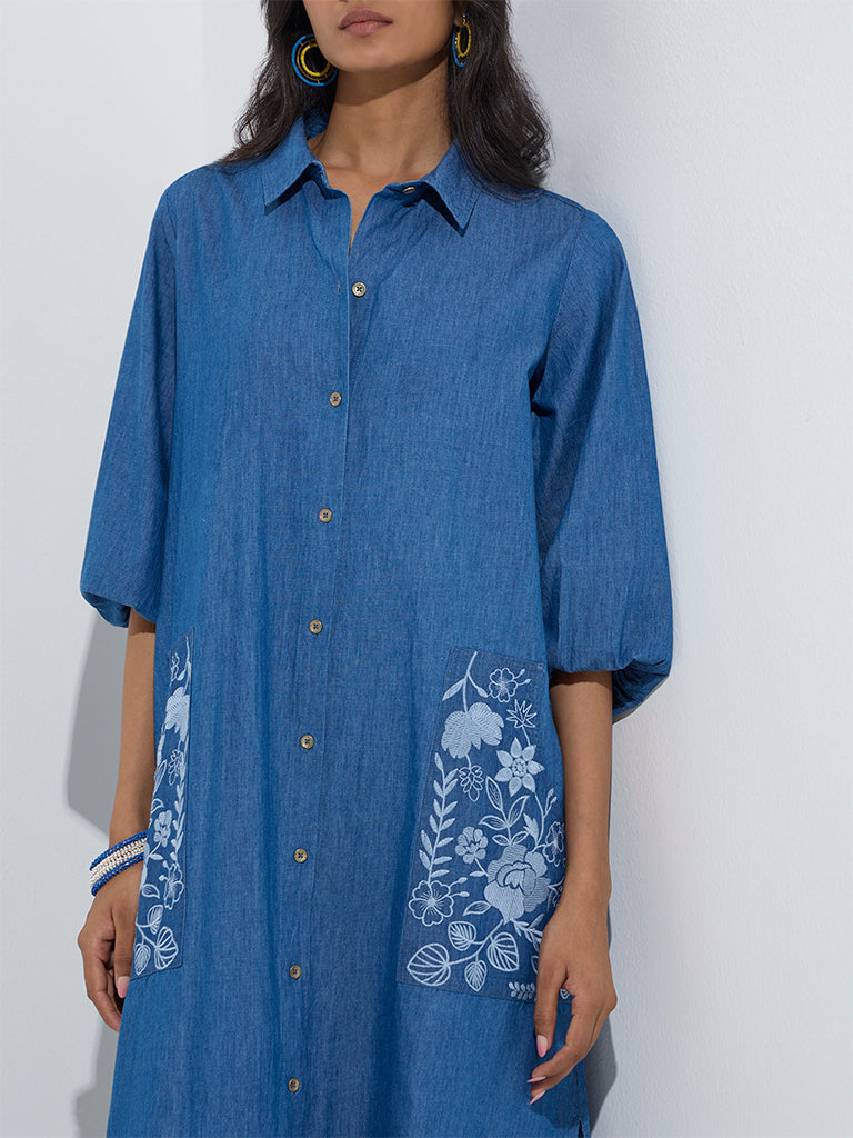 westisde Utsa Women's Blue Floral Embroidered Denim Shirt Dress for Work Wear Zoom View