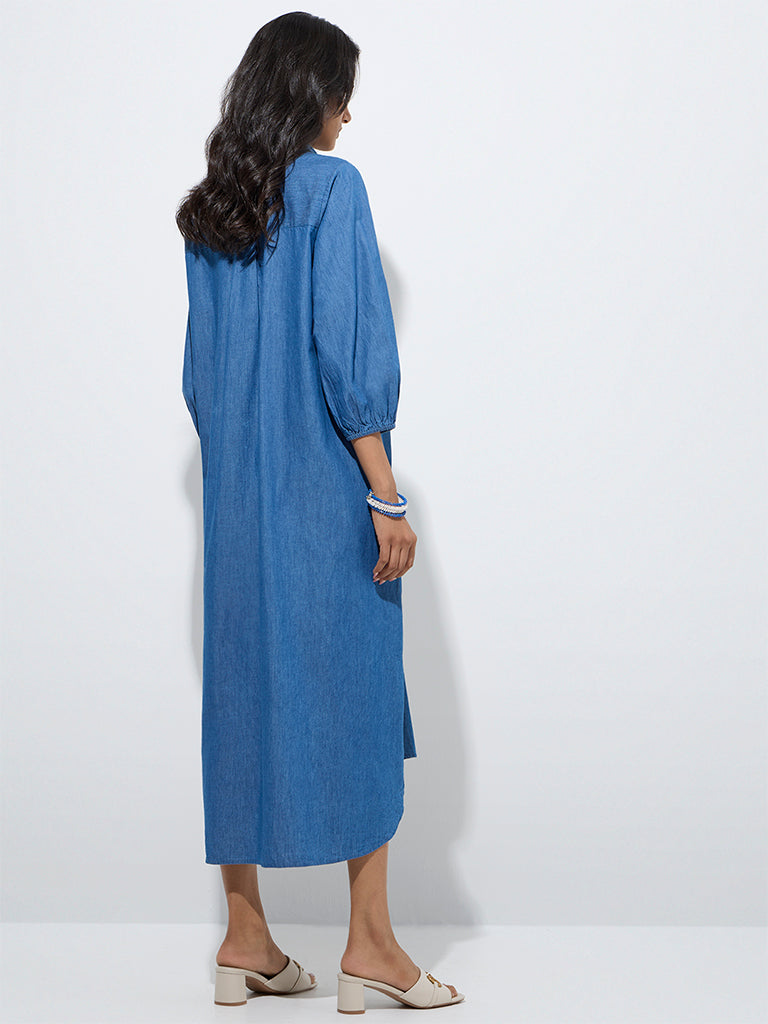westisde Utsa Women's Blue Floral Embroidered Denim Shirt Dress for Work Wear Back View