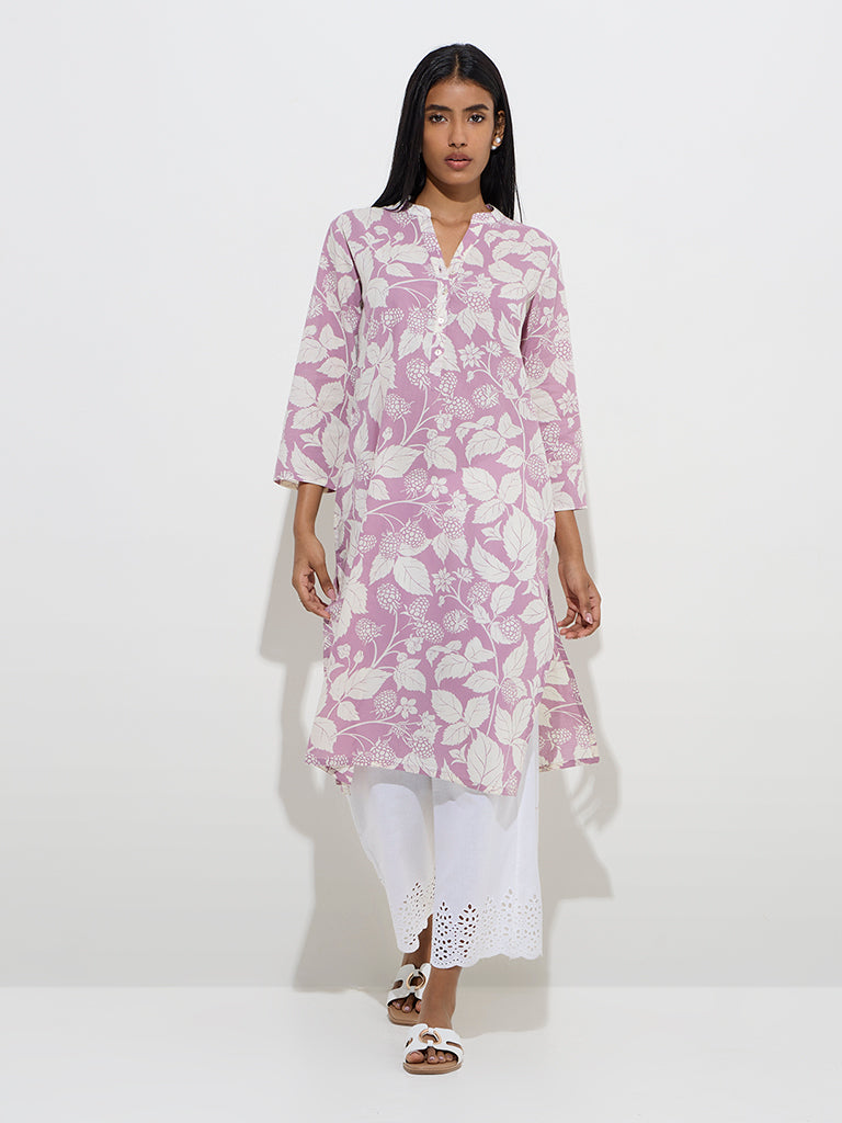 Utsa Lilac Botanical Printed Cotton Straight Kurta