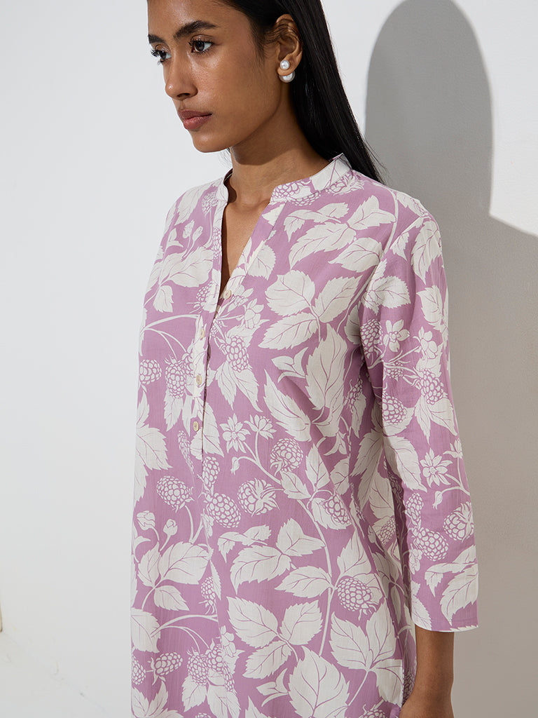 Utsa Lilac Botanical Printed Cotton Straight Kurta