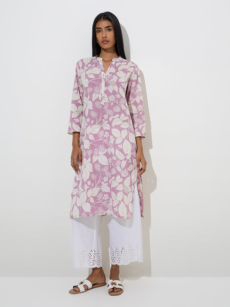 Utsa Lilac Botanical Printed Cotton Straight Kurta