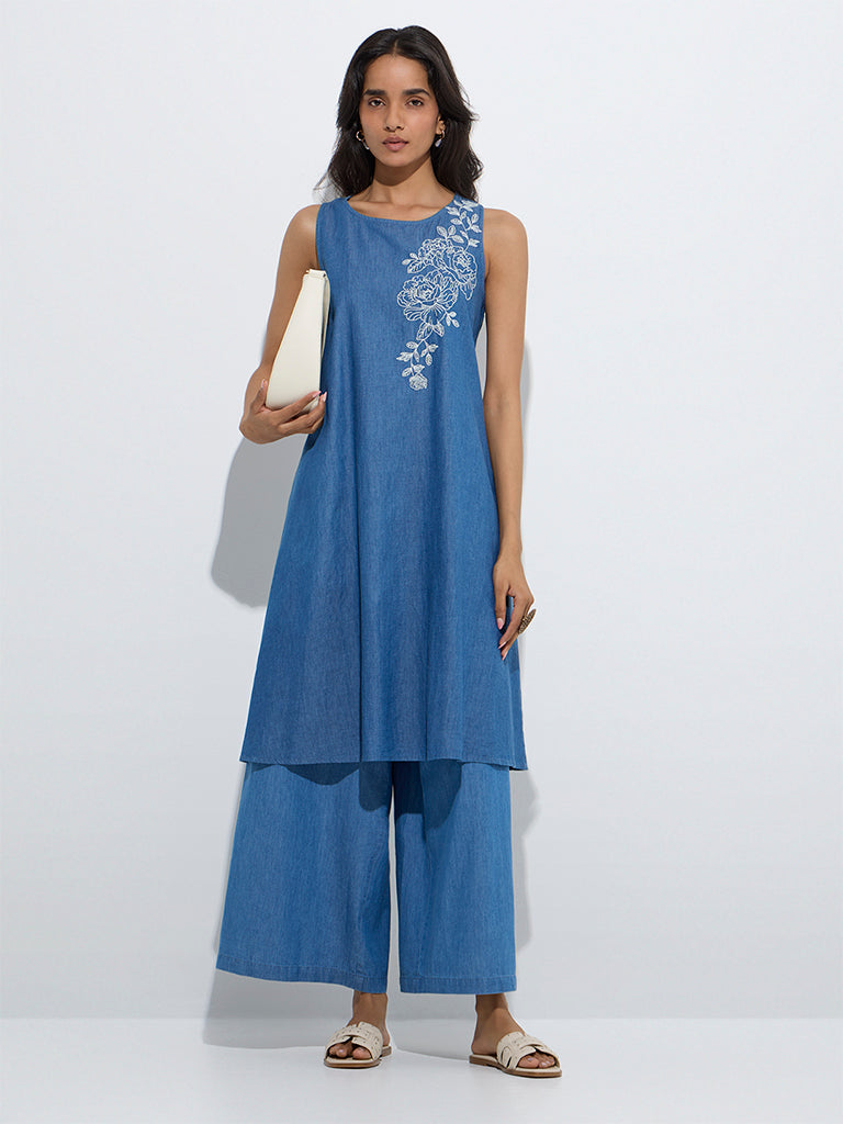 westisde Utsa Women's Blue Solid Denim Palazzos for Work Wear Full Model View