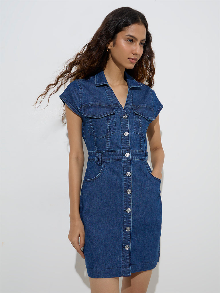 Nuon Dark Blue Denim Shirt Dress