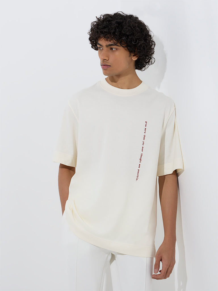 westisde Studiofit Men's Off-White Text Design Relaxed-Fit Cotton T-Shirt for Sports Wear Front View