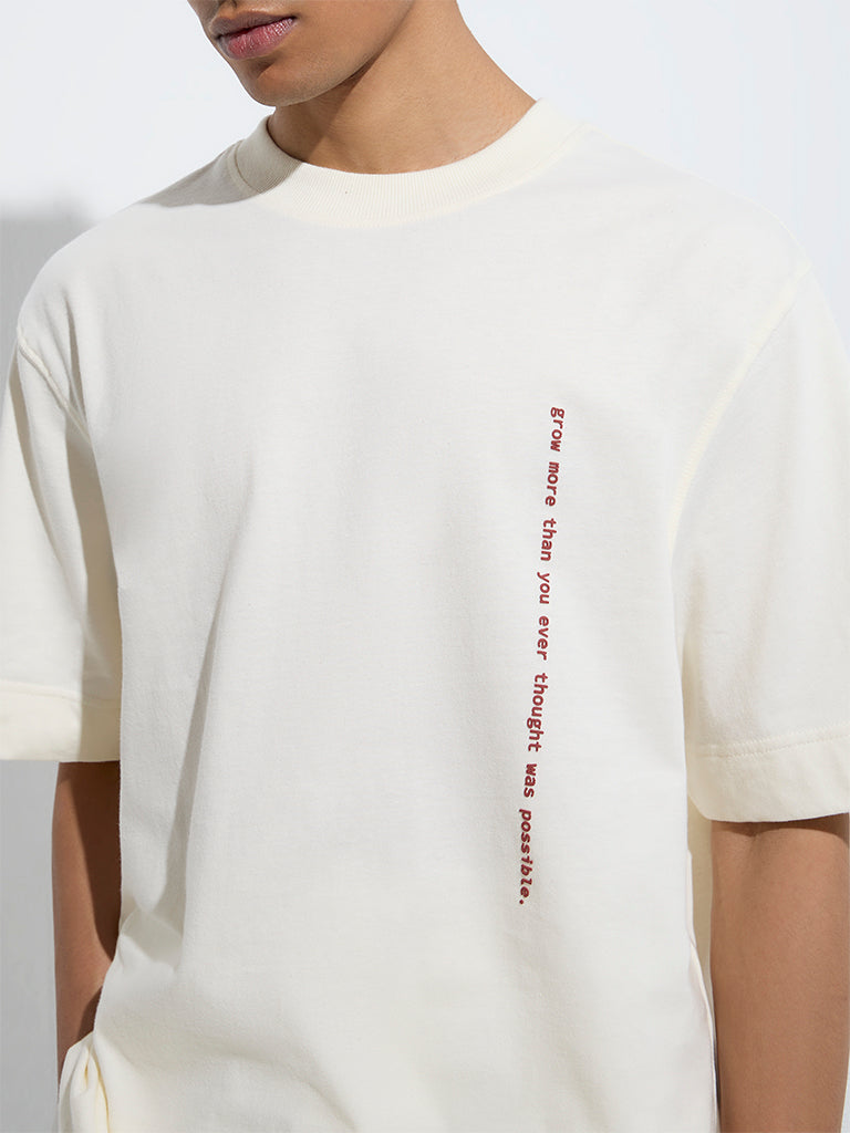 westisde Studiofit Men's Off-White Text Design Relaxed-Fit Cotton T-Shirt for Sports Wear Zoom View