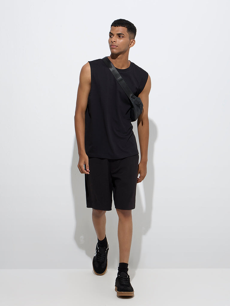 Westside Studiofit Men's Black Relaxed-Fit Mid-Rise Cotton-Blend Shorts for Sports Wear Full Model View