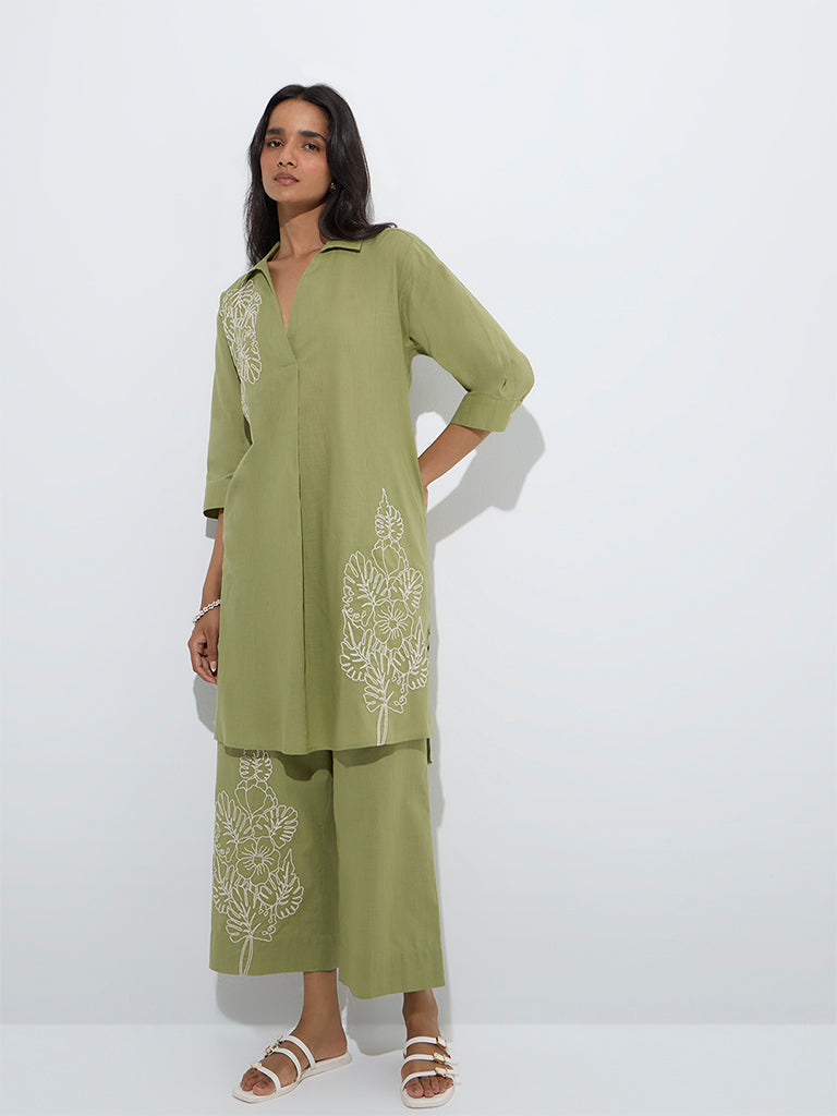 westisde Utsa Women's Olive Floral Embroidered Cotton A-Line Kurta for Work Wear Full Model View