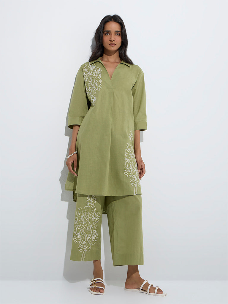 westisde Utsa Women's Olive Floral Embroidered Cotton A-Line Kurta for Work Wear Front View