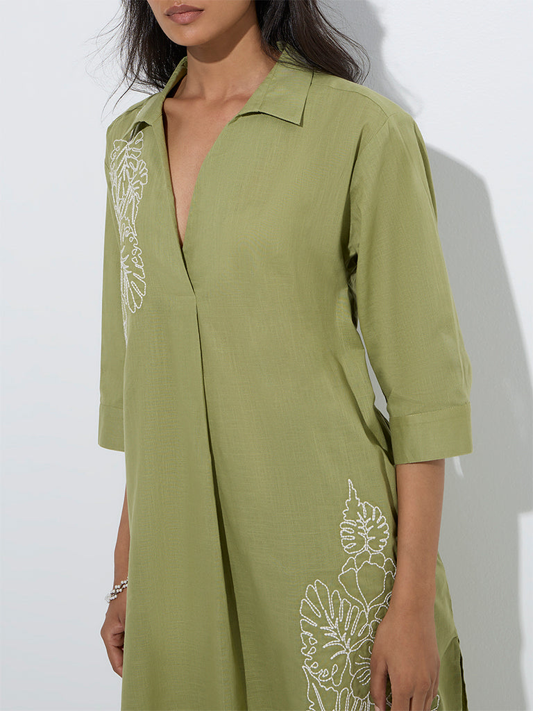 westisde Utsa Women's Olive Floral Embroidered Cotton A-Line Kurta for Work Wear Zoom View
