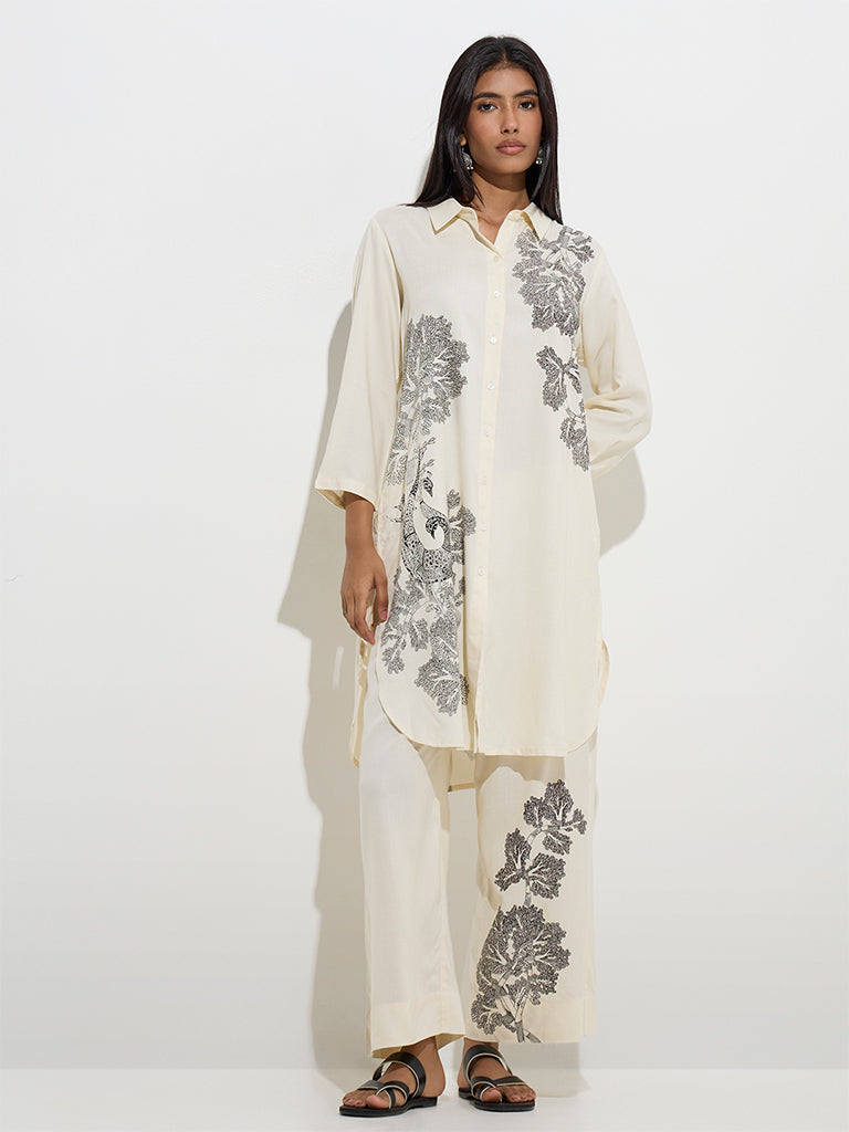 Utsa Off-White Botanical Design Straight Kurta